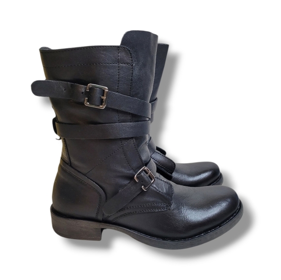 Diba Jet Way Moto Boots Womens 6 Black Leather Buckle Zip New - Picture 1 of 10